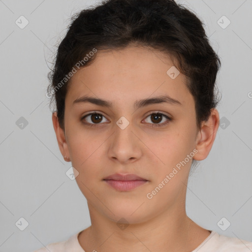 Neutral white young-adult female with short  brown hair and brown eyes