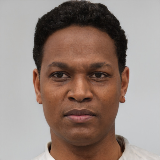 Neutral black young-adult male with short  black hair and brown eyes