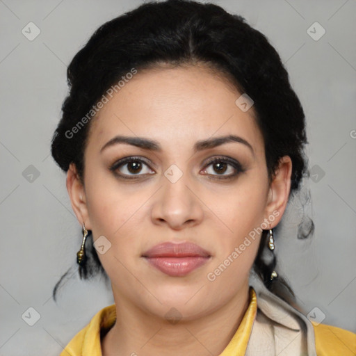 Joyful latino young-adult female with medium  black hair and brown eyes