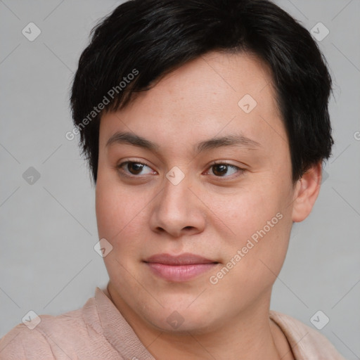 Joyful asian young-adult female with short  brown hair and brown eyes