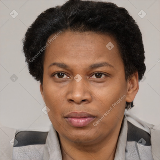 Joyful black adult female with short  brown hair and brown eyes