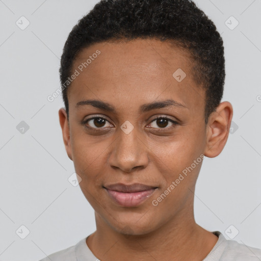 Joyful black young-adult female with short  black hair and brown eyes