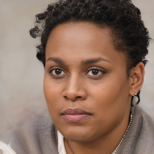 Neutral black young-adult female with short  brown hair and brown eyes