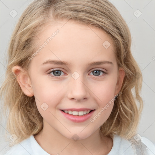 Joyful white child female with medium  brown hair and blue eyes