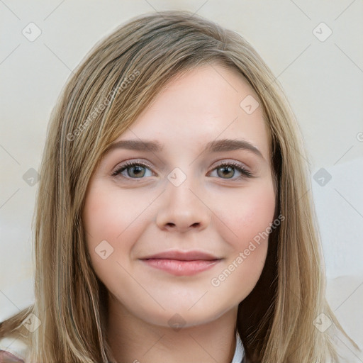 Joyful white young-adult female with long  brown hair and blue eyes