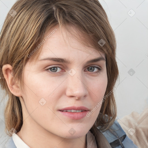 Neutral white young-adult female with medium  brown hair and grey eyes