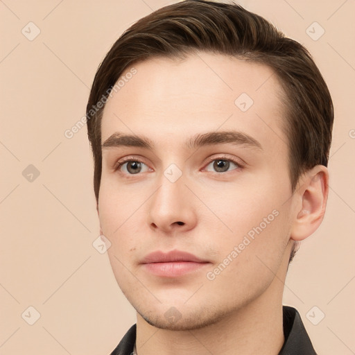 Neutral white young-adult male with short  brown hair and brown eyes