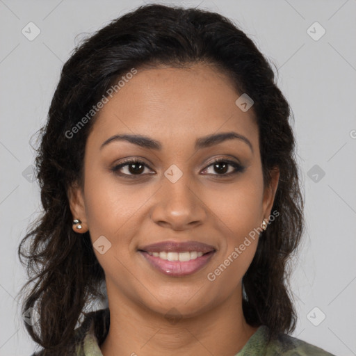 Joyful latino young-adult female with long  brown hair and brown eyes