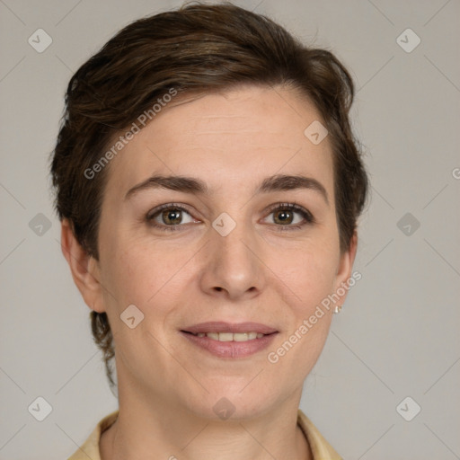 Joyful white young-adult female with short  brown hair and grey eyes