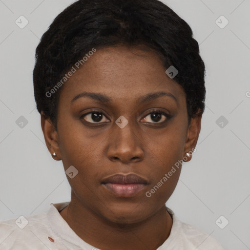 Neutral black young-adult female with short  brown hair and brown eyes