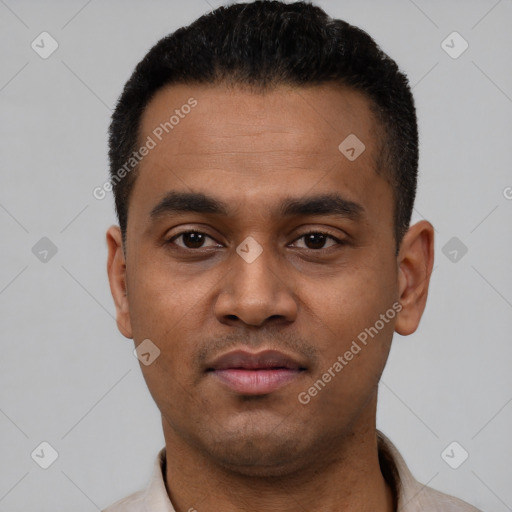 Neutral latino young-adult male with short  black hair and brown eyes