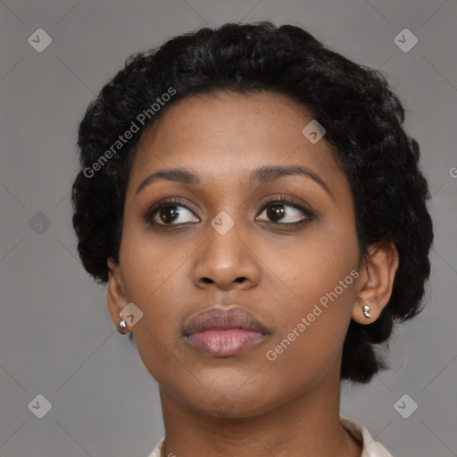 Neutral black young-adult female with short  black hair and brown eyes