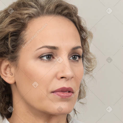 Neutral white young-adult female with medium  brown hair and brown eyes