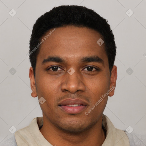Neutral black young-adult male with short  black hair and brown eyes