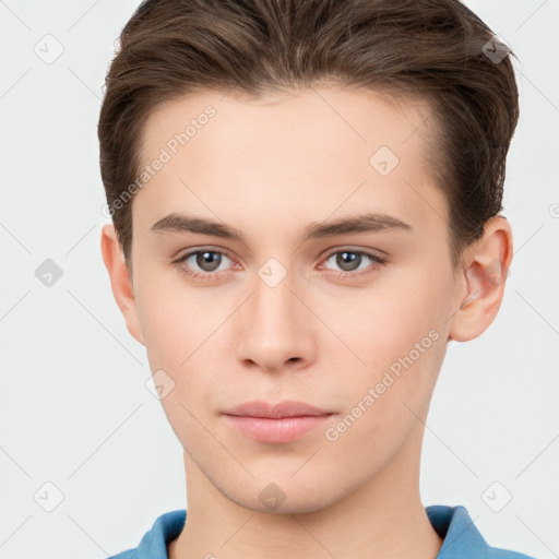 Neutral white young-adult male with short  brown hair and brown eyes