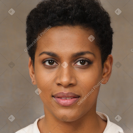 Joyful black young-adult female with short  brown hair and brown eyes