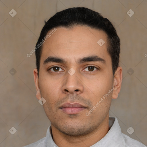 Neutral latino young-adult male with short  black hair and brown eyes