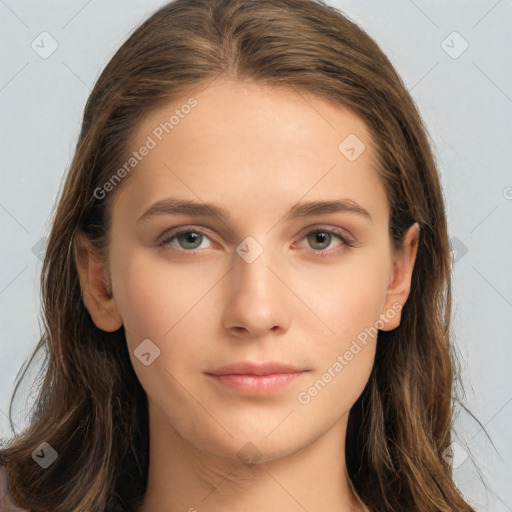 Neutral white young-adult female with long  brown hair and brown eyes