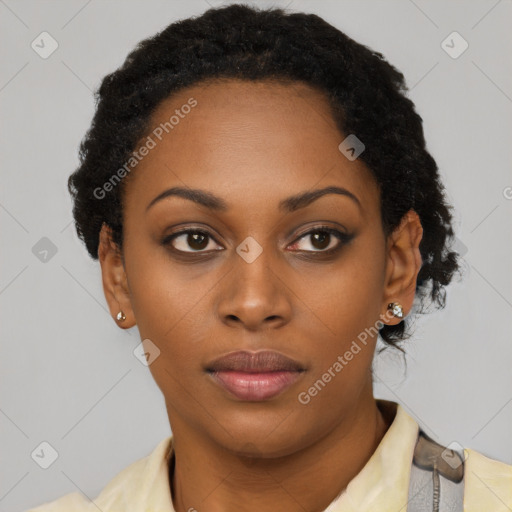 Neutral black young-adult female with short  black hair and brown eyes