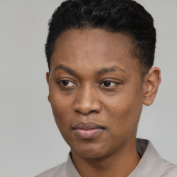 Joyful black young-adult female with short  black hair and brown eyes