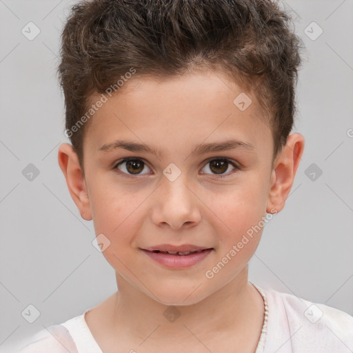 Joyful white child male with short  brown hair and brown eyes