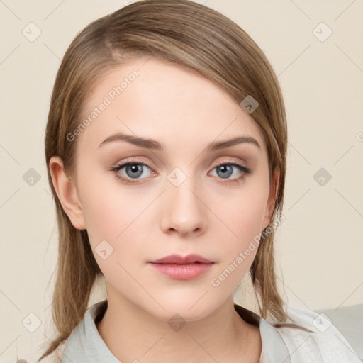 Neutral white young-adult female with medium  brown hair and grey eyes