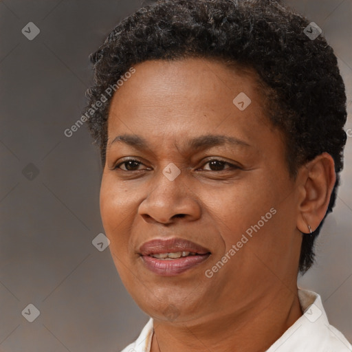 Joyful black adult female with short  brown hair and brown eyes