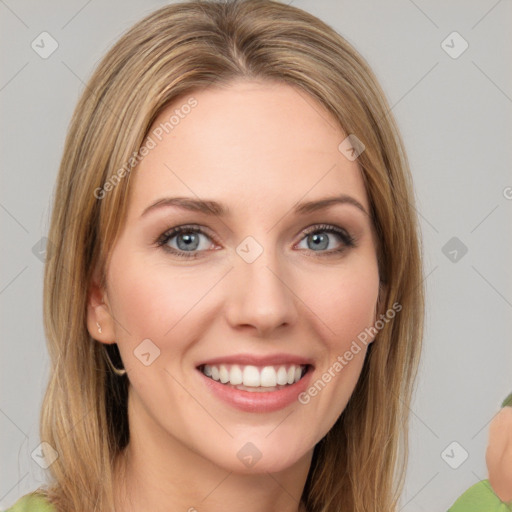 Joyful white young-adult female with medium  brown hair and green eyes