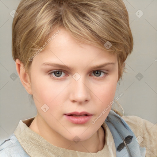 Neutral white child female with medium  brown hair and grey eyes