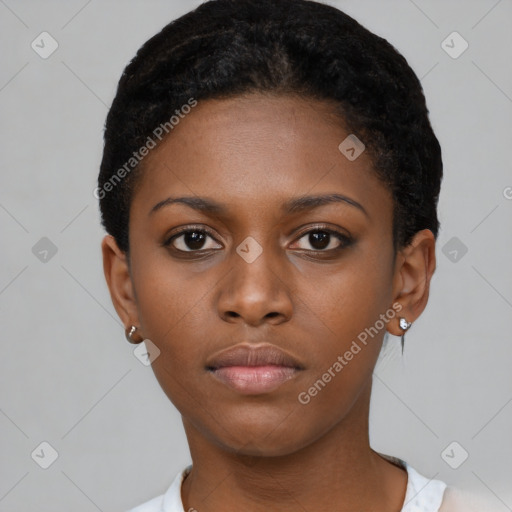 Neutral black young-adult female with short  brown hair and brown eyes