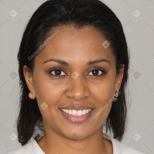 Joyful latino young-adult female with medium  brown hair and brown eyes