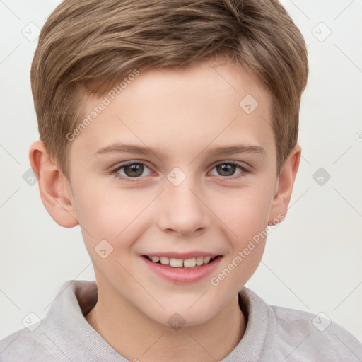 Joyful white child male with short  brown hair and brown eyes