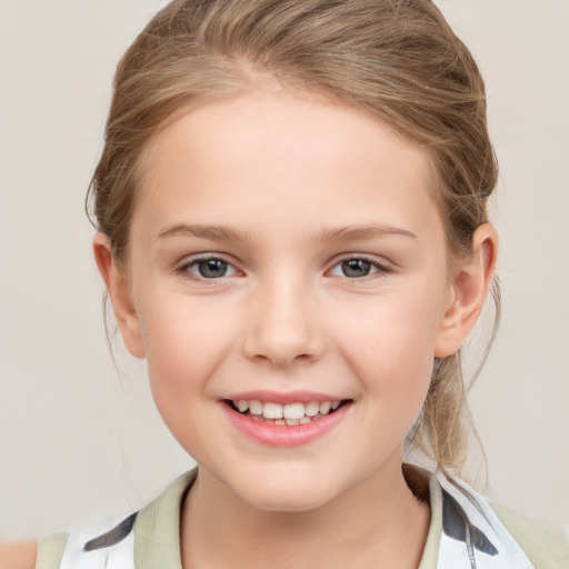 Joyful white child female with medium  brown hair and brown eyes