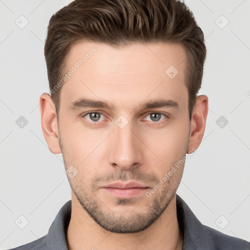 Neutral white young-adult male with short  brown hair and brown eyes