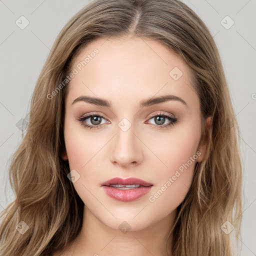 Neutral white young-adult female with long  brown hair and brown eyes