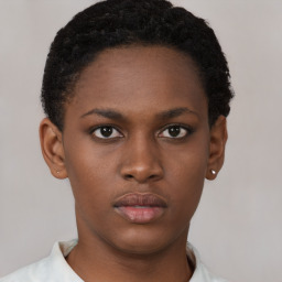 Neutral black young-adult female with short  brown hair and brown eyes