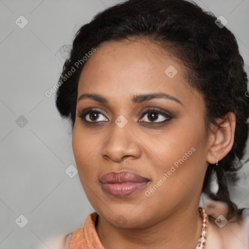 Joyful latino young-adult female with long  brown hair and brown eyes