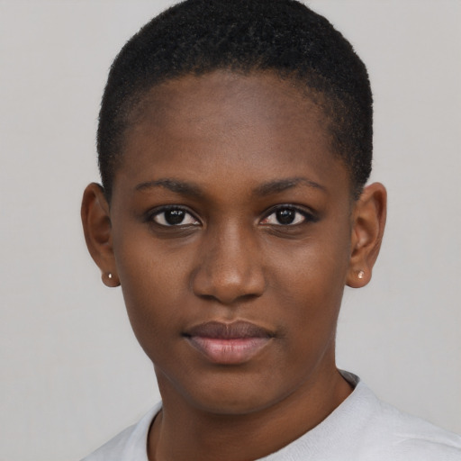 Neutral black young-adult female with short  black hair and brown eyes