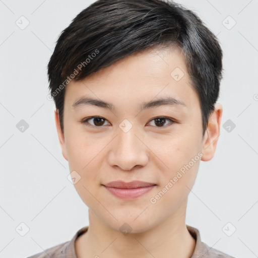 Joyful white young-adult female with short  brown hair and brown eyes