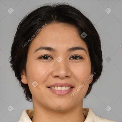 Joyful asian young-adult female with medium  brown hair and brown eyes