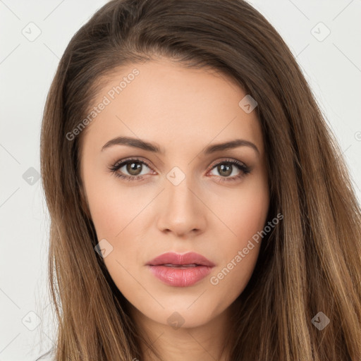 Neutral white young-adult female with long  brown hair and brown eyes