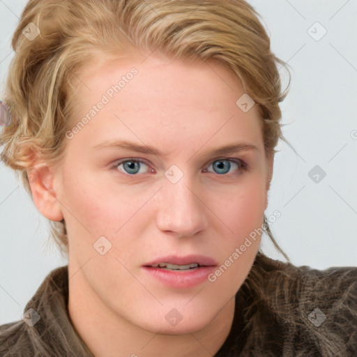 Joyful white young-adult female with long  brown hair and blue eyes