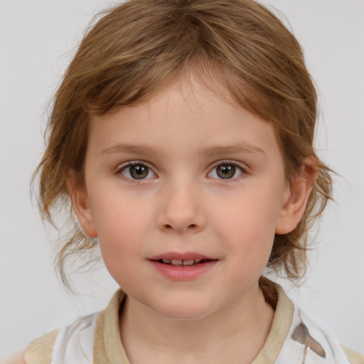 Neutral white child female with medium  brown hair and grey eyes