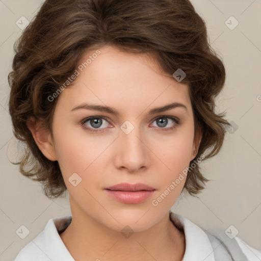 Neutral white young-adult female with medium  brown hair and brown eyes