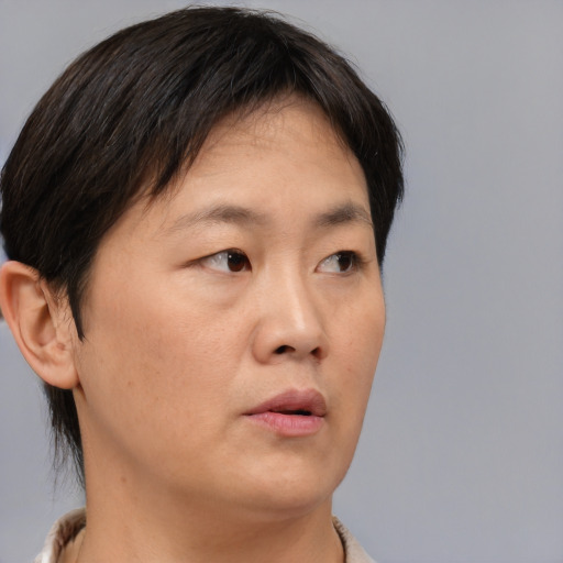 Neutral asian adult male with short  brown hair and brown eyes