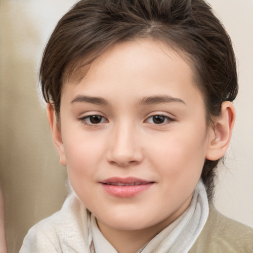 Joyful white child female with medium  brown hair and brown eyes