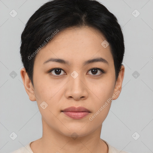 Joyful asian young-adult female with short  black hair and brown eyes