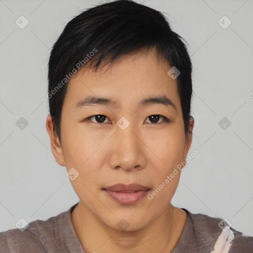 Neutral asian young-adult male with short  black hair and brown eyes