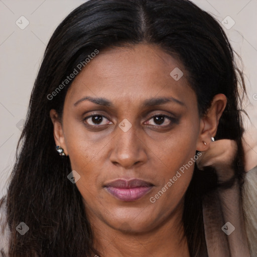 Joyful black young-adult female with long  brown hair and brown eyes