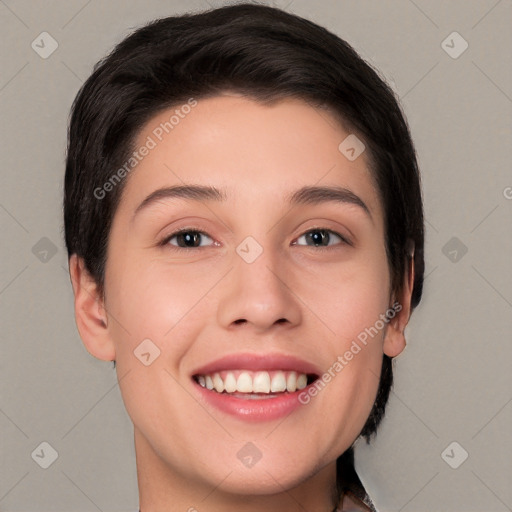 Joyful white young-adult female with short  brown hair and brown eyes